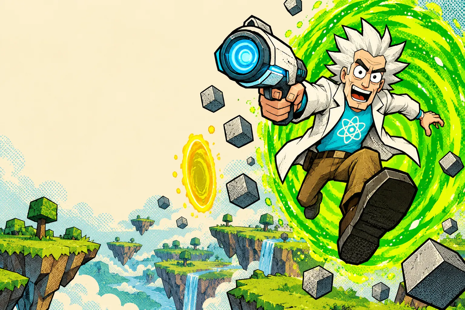 Cartoon scientist with a portal gun leaping through a green portal toward floating islands